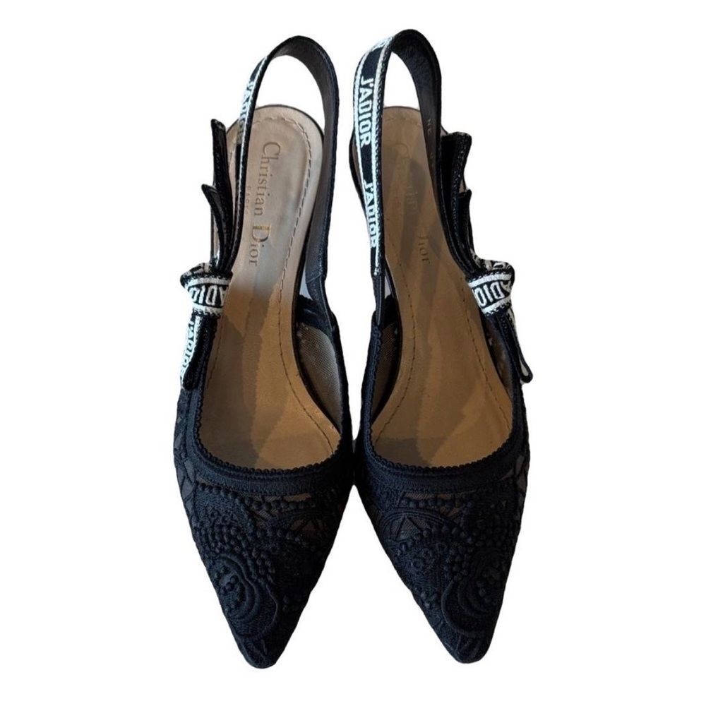 Dior J’adior Black Macrame Embroidered Slingback Pumps Low Heels EU 38.5 US 8.5
